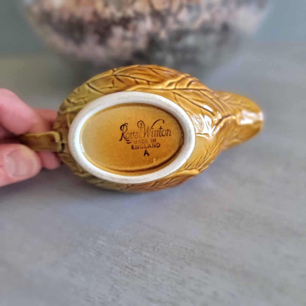 Vintage Royal Winton amber leaf-design gravy boat with backstamp, made in England