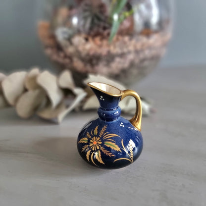 Vintage Carlton Ware cobalt blue jug with handpainted gold floral design