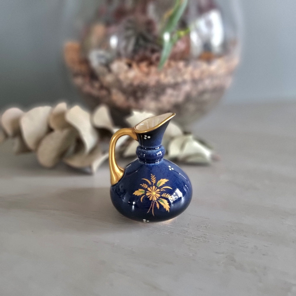 Vintage Carlton Ware cobalt blue jug with handpainted gold floral design