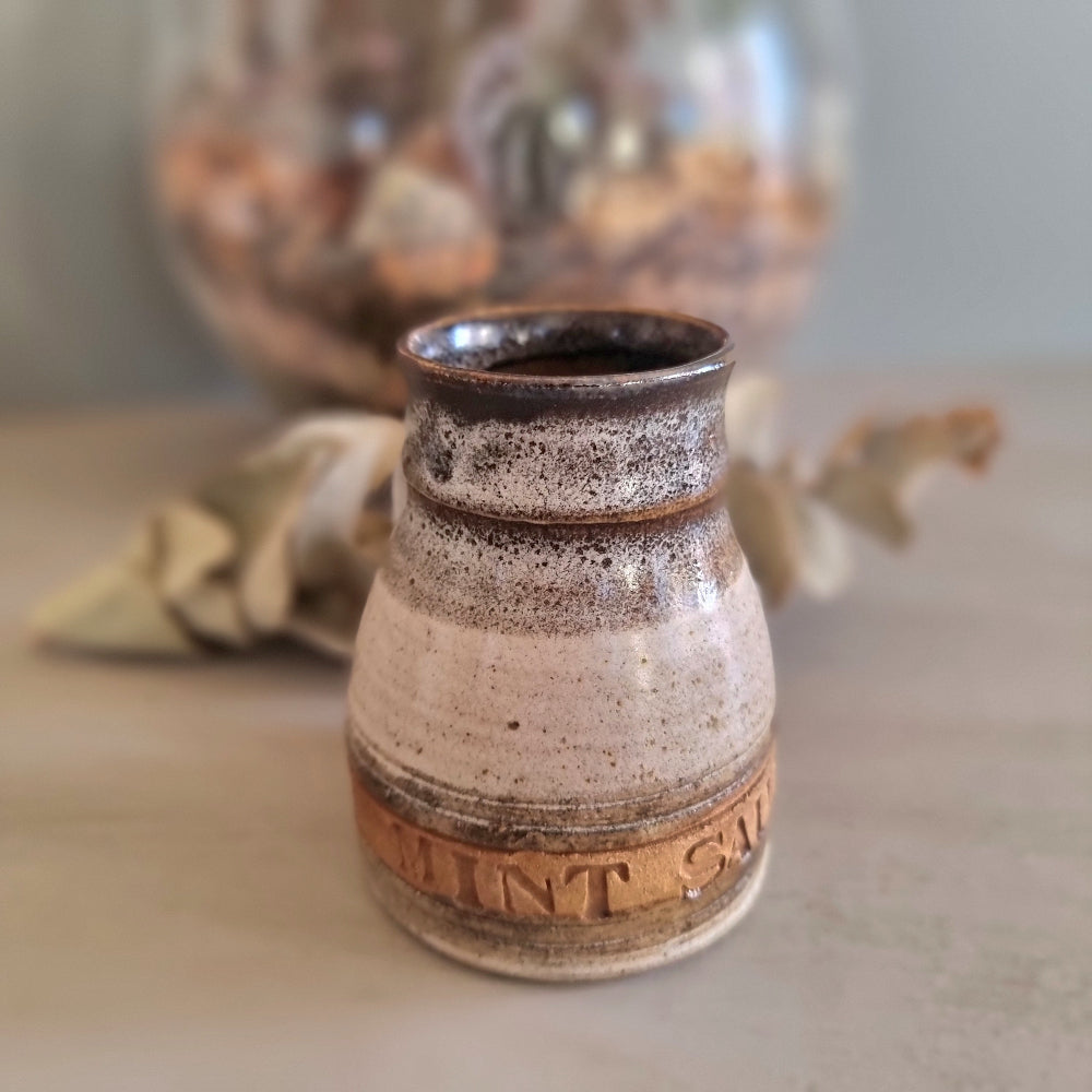 Vintage stoneware mint sauce jug with handle and brown drip glaze