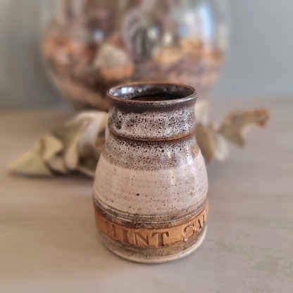 Vintage stoneware mint sauce jug with handle and brown drip glaze