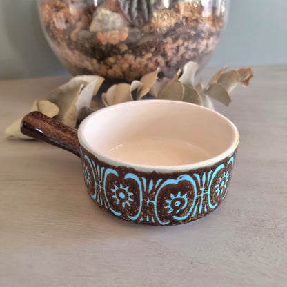 Retro brown and turquoise handled soup bowl with cream glazed interior
