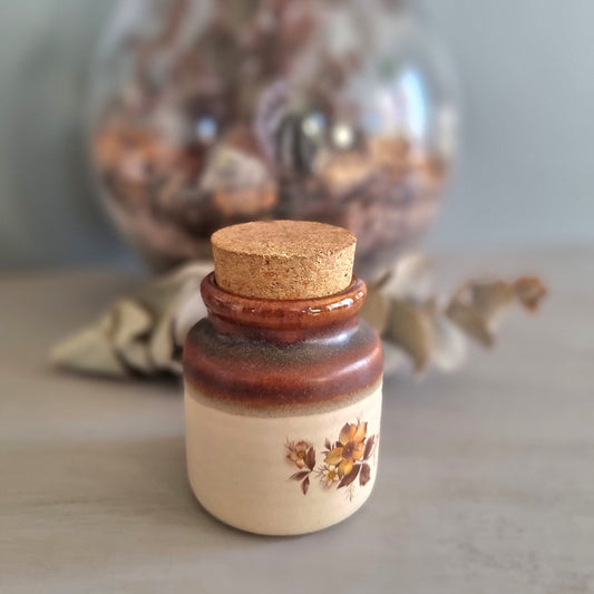 Vintage Royal Oak Pottery cork-top jar with floral print, made in New Zealand