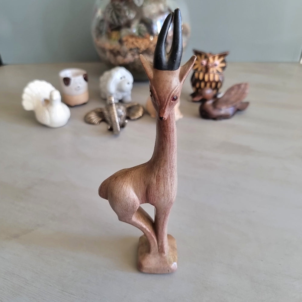 Tall mid century carved wood gazelle figurine with painted horns