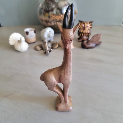 Tall mid century carved wood gazelle figurine with painted horns