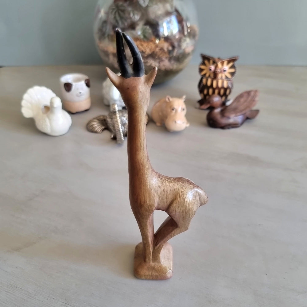 Tall mid century carved wood gazelle figurine with painted horns