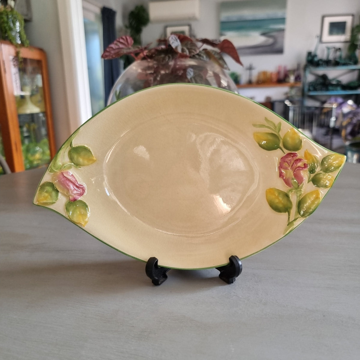 Royal Winton leaf shaped dish with hand painted pink roses