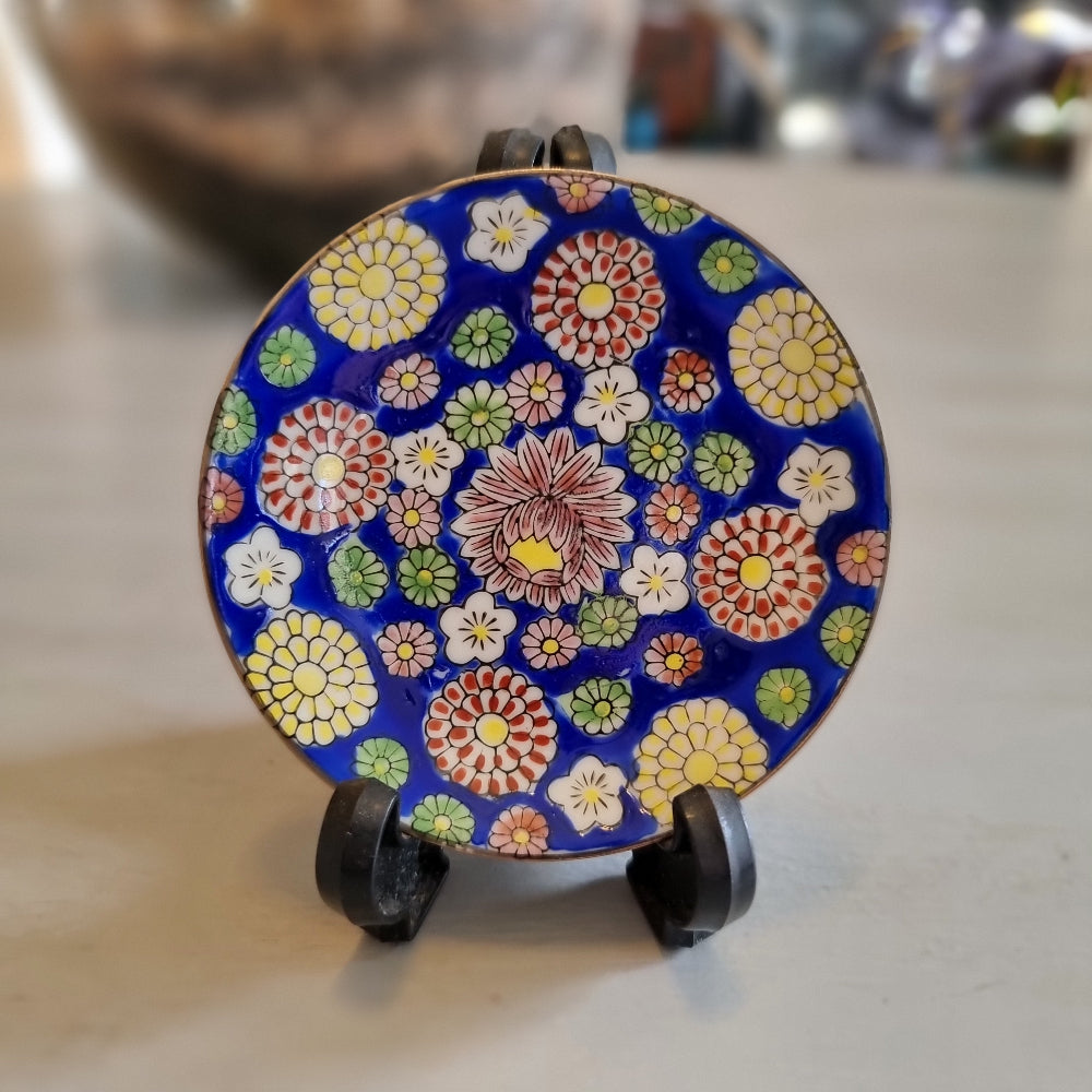 Small Japanese floral plate with a cobalt blue background