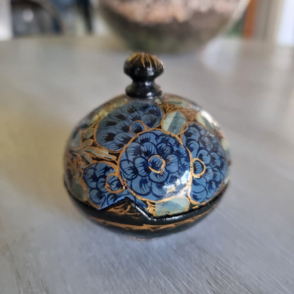 Small lidded trinket pot with a hand painted blue floral design