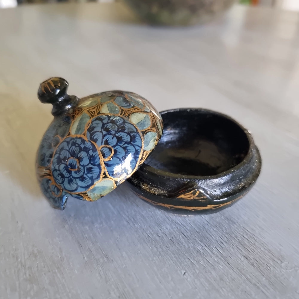 Small lidded trinket pot with a hand painted blue floral design