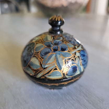 Small lidded trinket pot with a hand painted blue floral design