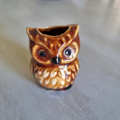 Ceramic owl toothpick holder with a brown drip glaze
