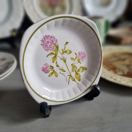 Vintage Palissy Meadow Clover plate with pink clover flowers, olive green leaves and an olive green rim line