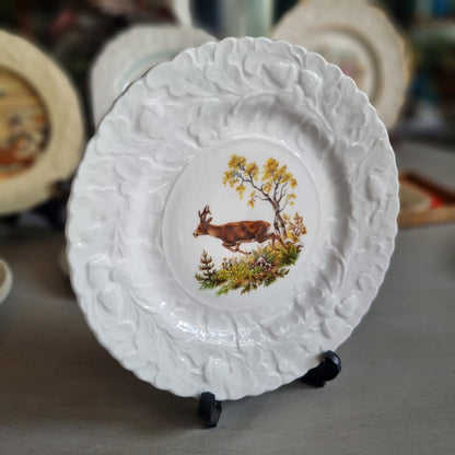 Vintage Queen's fine bone china plate with a leaping stag, golden tree and white embossed leaf border