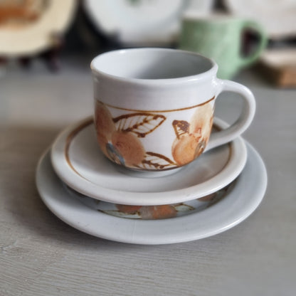Vintage Kit Seator Wanganui stoneware cup, saucer and plate with orange flowers and brown banding