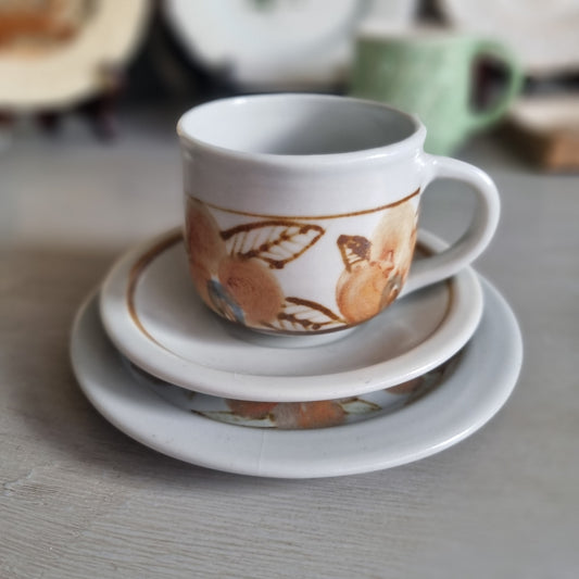 Vintage Kit Seator Wanganui stoneware cup, saucer and plate with orange flowers and brown banding