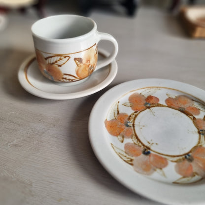 Vintage Kit Seator Wanganui stoneware cup, saucer and plate with orange flowers and brown banding