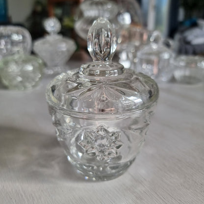 Vintage Anchor Hocking Star of David clear pressed glass lidded dish with star pattern and tall faceted finial