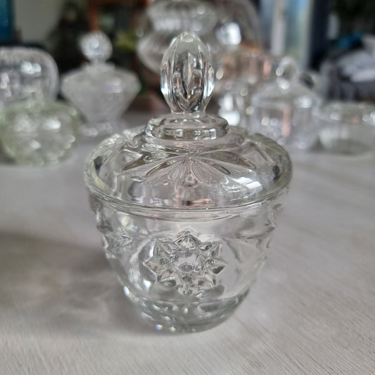 Vintage Anchor Hocking Star of David clear pressed glass lidded dish with star pattern and tall faceted finial
