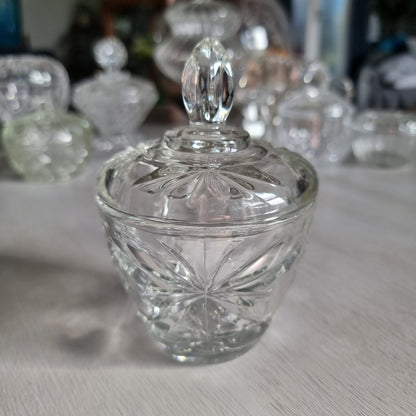Vintage Anchor Hocking Star of David clear pressed glass lidded dish with star pattern and tall faceted finial