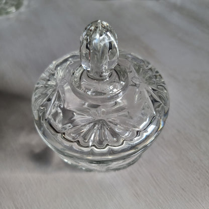 Vintage Anchor Hocking Star of David clear pressed glass lidded dish with star pattern and tall faceted finial