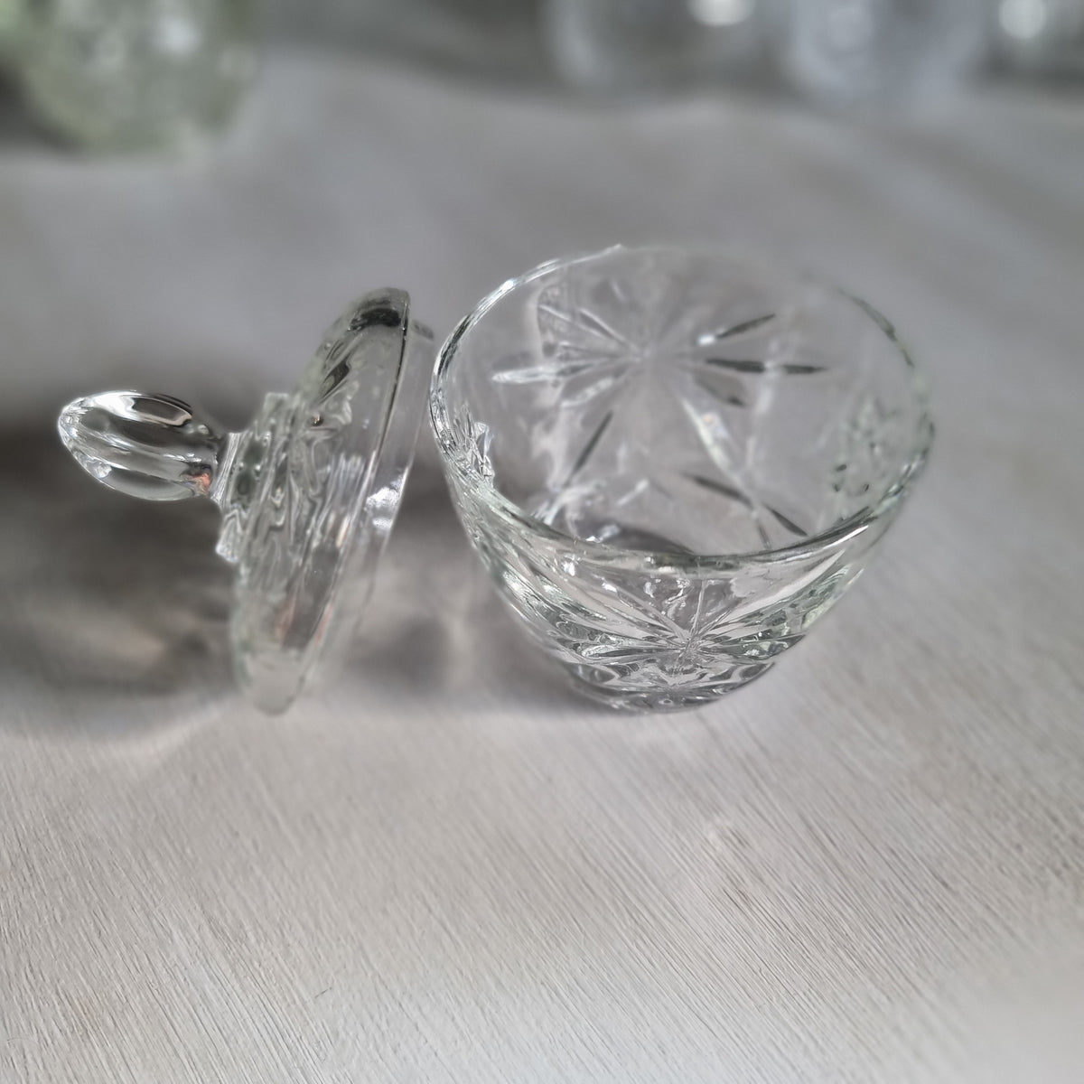 Vintage Anchor Hocking Star of David clear pressed glass lidded dish with star pattern and tall faceted finial