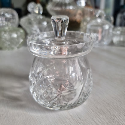 Vintage Webb Corbett cut crystal jam jar with cross hatch and fan cuts, flat scalloped lid and faceted knob