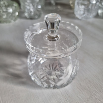 Vintage Webb Corbett cut crystal jam jar with cross hatch and fan cuts, flat scalloped lid and faceted knob
