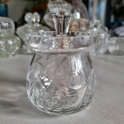 Vintage Webb Corbett cut crystal jam jar with cross hatch and fan cuts, flat scalloped lid and faceted knob