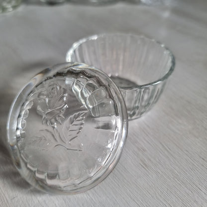 Vintage Luigi Bormioli clear glass rose trinket box made in Italy, with a raised rose lid and ribbed base