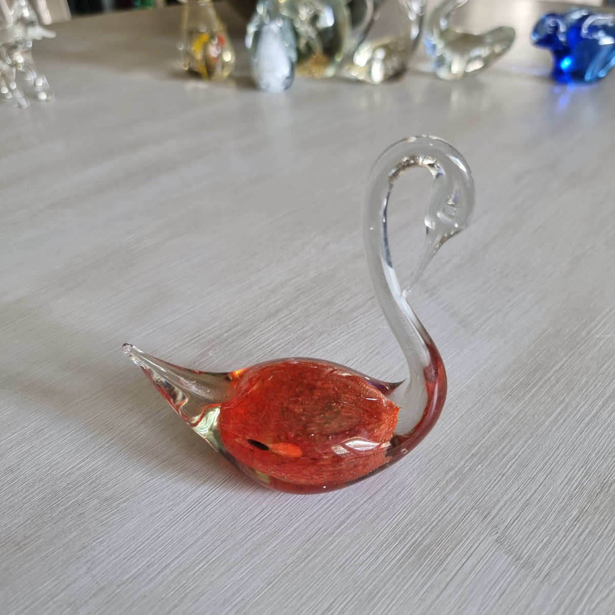 Vintage blown glass swan, amber-red glass body