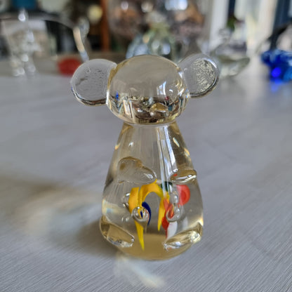 Vintage clear glass bear figurine with confetti-style colour swirls