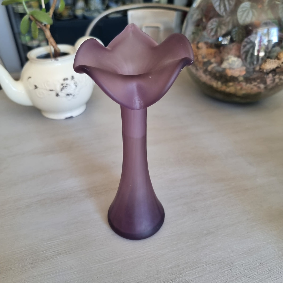 Pair of vintage purple frosted glass jack-in-the-pulpit vases with ruffled flower-like rims
