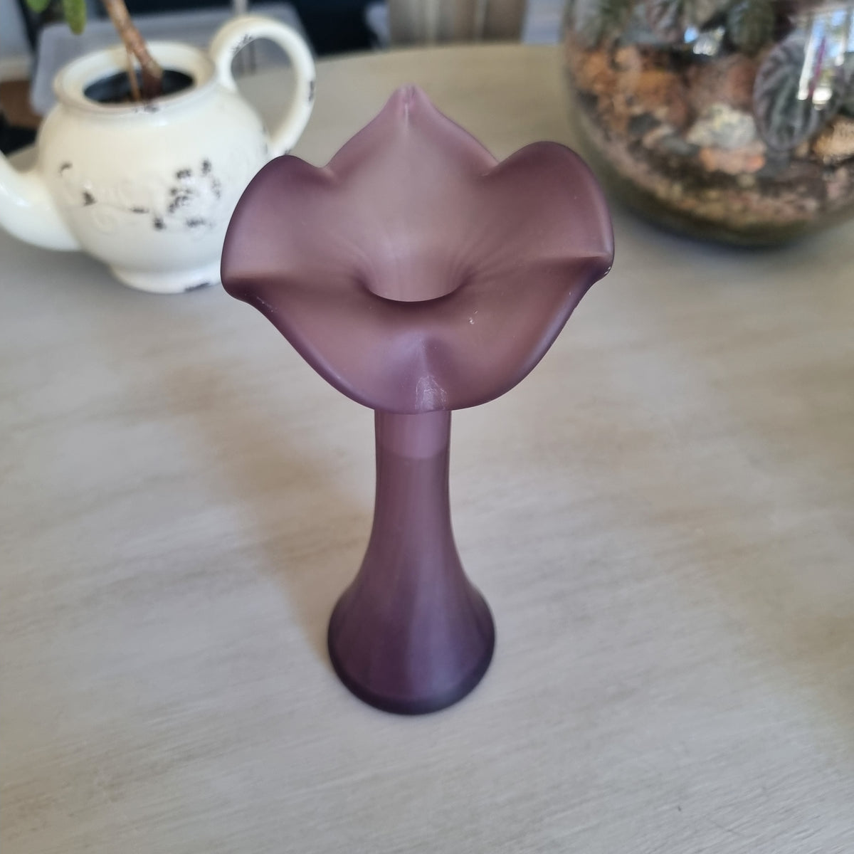 Pair of vintage purple frosted glass jack-in-the-pulpit vases with ruffled flower-like rims