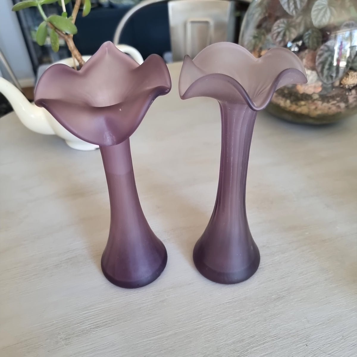 Pair of vintage purple frosted glass jack-in-the-pulpit vases with ruffled flower-like rims