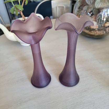 Pair of vintage purple frosted glass jack-in-the-pulpit vases with ruffled flower-like rims