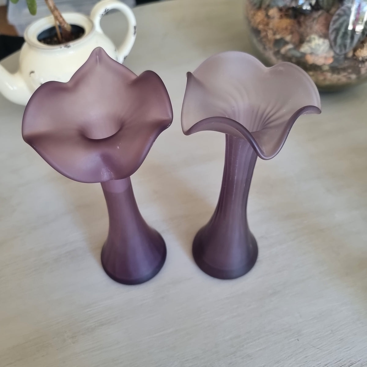 Pair of vintage purple frosted glass jack-in-the-pulpit vases with ruffled flower-like rims