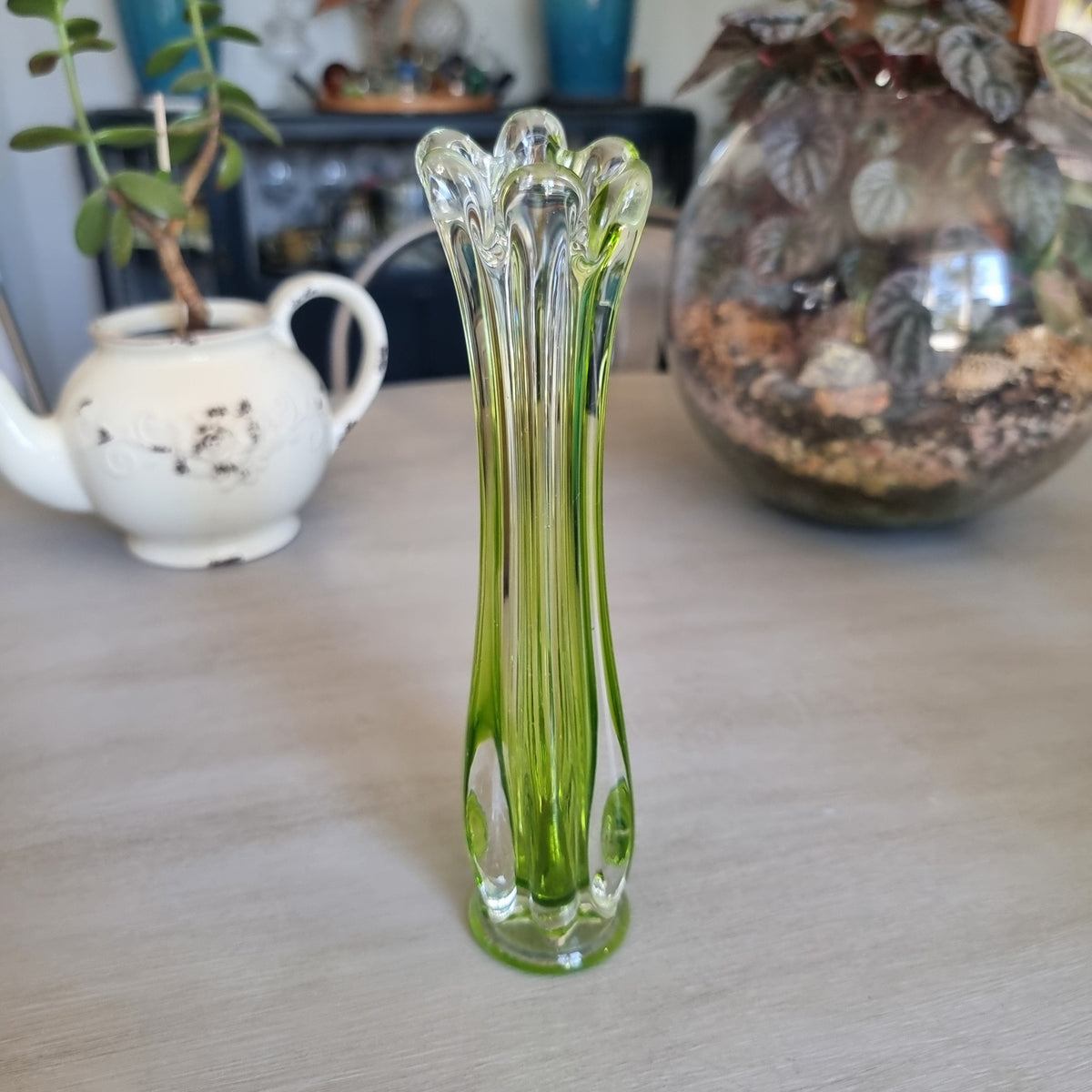 Vintage lime green and clear swung glass vase with ribbed sides and petal-like rim