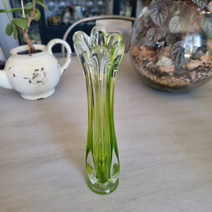 Vintage lime green and clear swung glass vase with ribbed sides and petal-like rim