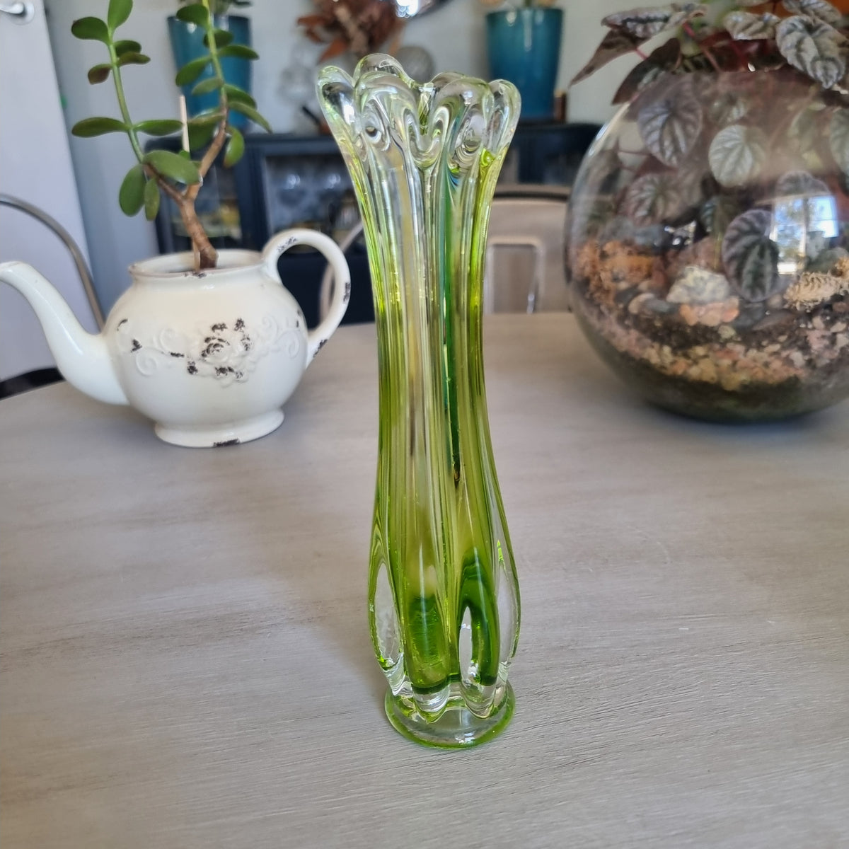 Vintage lime green and clear swung glass vase with ribbed sides and petal-like rim