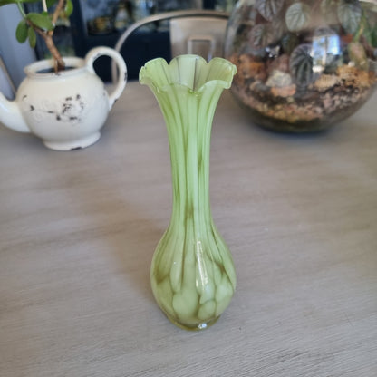 Retro pale green marbled glass vase with a slim neck and ruffled rim
