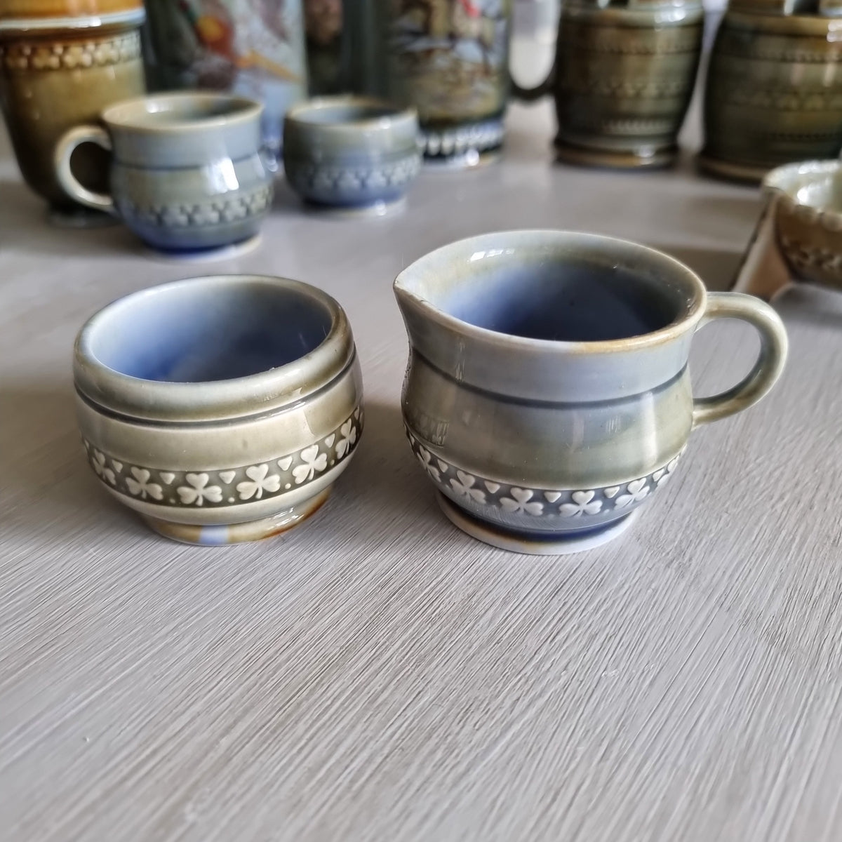 Second Wade Irish porcelain cream jug and sugar bowl duo with blue glaze and shamrock bands