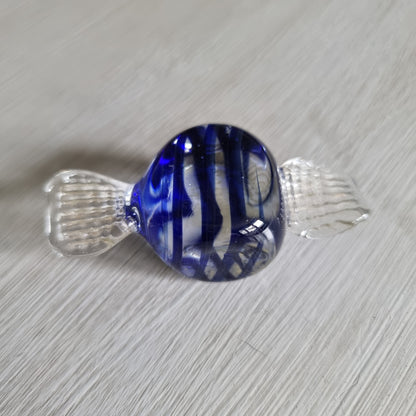 Blue and clear glass wrapped lolly ornament with cobalt swirls