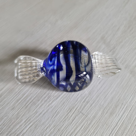 Blue and clear glass wrapped lolly ornament with cobalt swirls