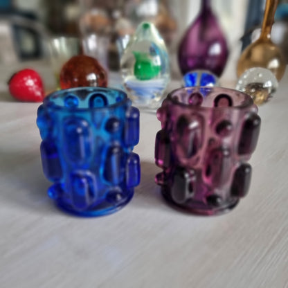 Pair of blue and purple Japanese Bond Ware glass votive candle holders