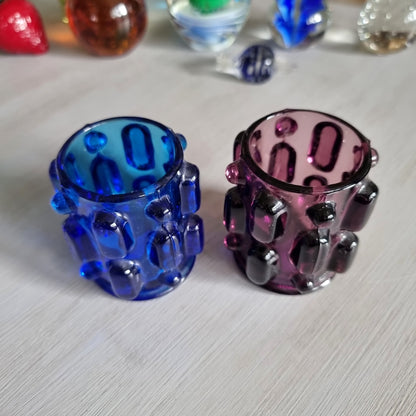 Pair of blue and purple Japanese Bond Ware glass votive candle holders