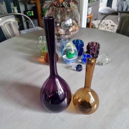 Pair of mid-century Swedish glass bulb vases in purple and amber