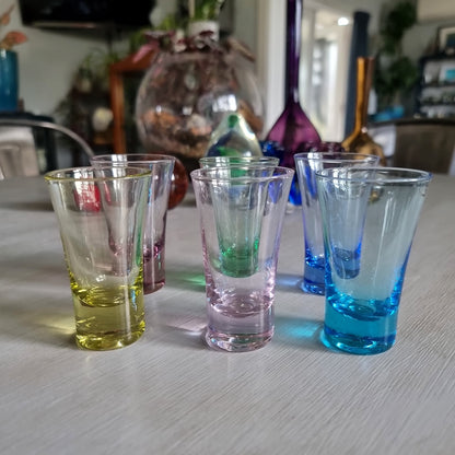 Set of six multicoloured glass shot glasses
