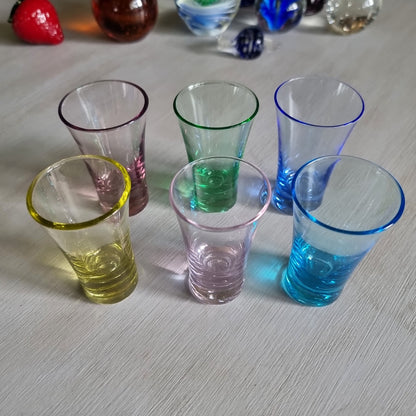 Set of six multicoloured glass shot glasses