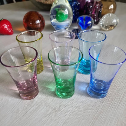 Set of six multicoloured glass shot glasses